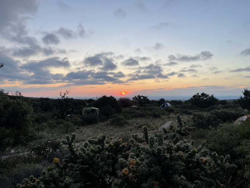 Sunrise over camp in Guadalupe Mountains National Park
